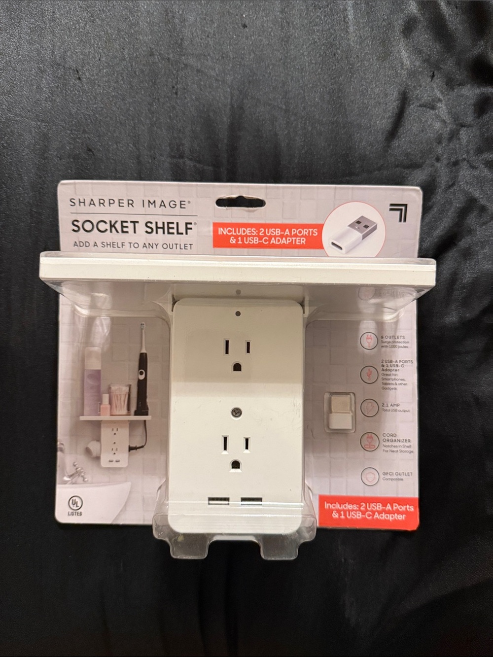 Sharper Image White Socket Shelf with USB-A and USB-C Ports